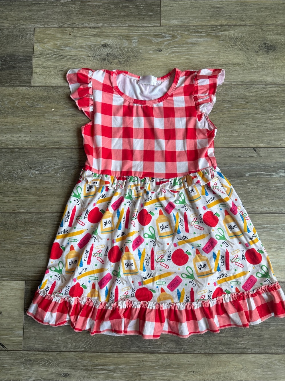 Girls Red Gingham School Supplies Print Dress